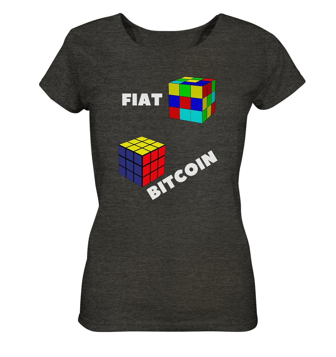 FIAT Cube & BITCOIN Cube - weisse Schrift, schräg (Ladies Collection 21% Rabatt bis zum Halving 2024) - Ladies Organic Shirt (meliert)