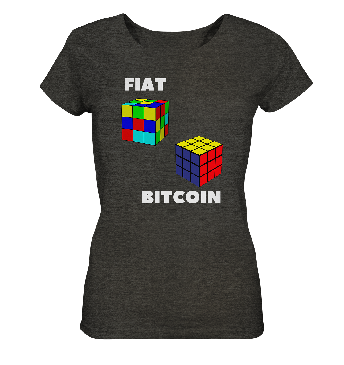 FIAT Cube & BITCOIN Cube - weisse Schrift, gerade (Ladies Collection 21% Rabatt bis zum Halving 2024)    Kopie - Ladies Organic Shirt (meliert)