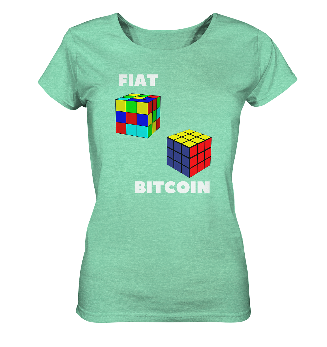FIAT Cube & BITCOIN Cube - weisse Schrift, gerade (Ladies Collection 21% Rabatt bis zum Halving 2024)    Kopie - Ladies Organic Shirt (meliert)