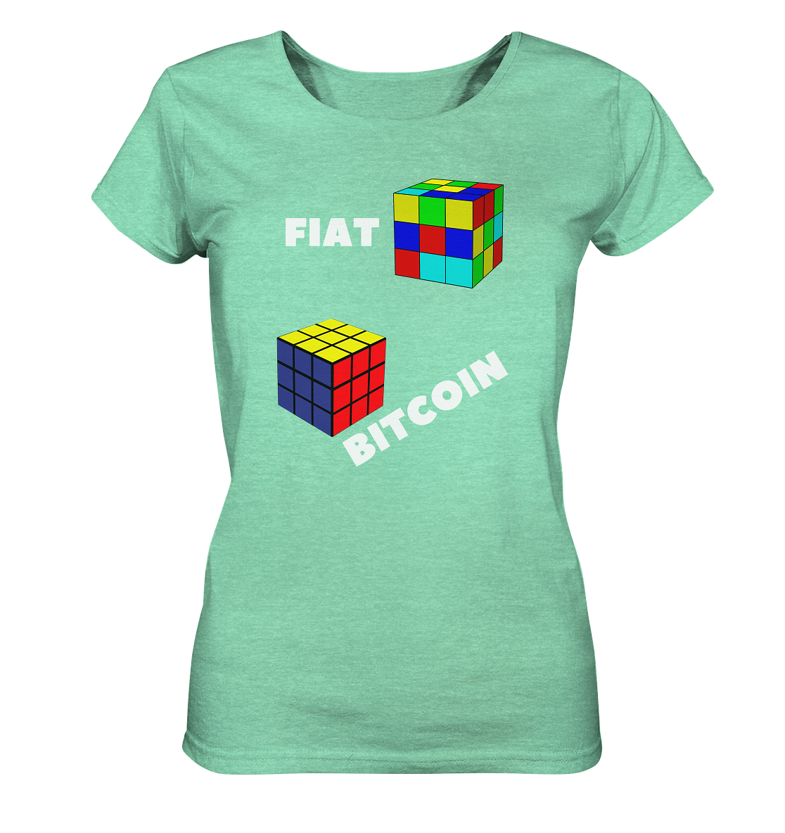 FIAT Cube & BITCOIN Cube - weisse Schrift, schräg (Ladies Collection 21% Rabatt bis zum Halving 2024) - Ladies Organic Shirt (meliert)