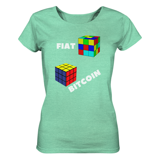 FIAT Cube & BITCOIN Cube - weisse Schrift, schräg (Ladies Collection 21% Rabatt bis zum Halving 2024) - Ladies Organic Shirt (meliert)