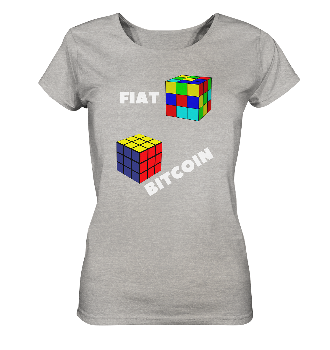 FIAT Cube & BITCOIN Cube - weisse Schrift, schräg (Ladies Collection 21% Rabatt bis zum Halving 2024) - Ladies Organic Shirt (meliert)