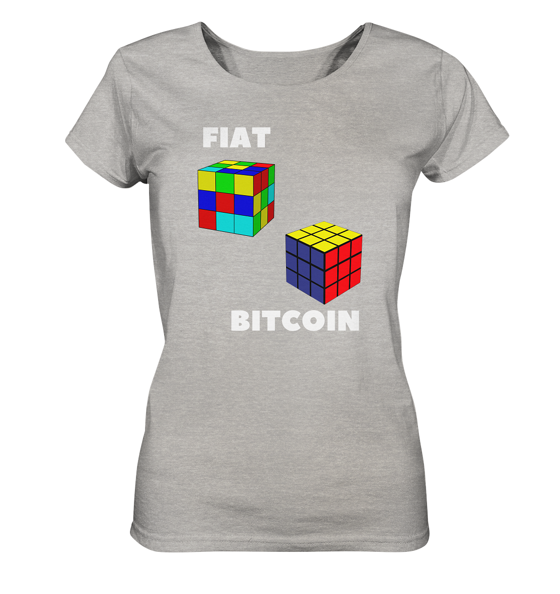 FIAT Cube & BITCOIN Cube - weisse Schrift, gerade (Ladies Collection 21% Rabatt bis zum Halving 2024)    Kopie - Ladies Organic Shirt (meliert)