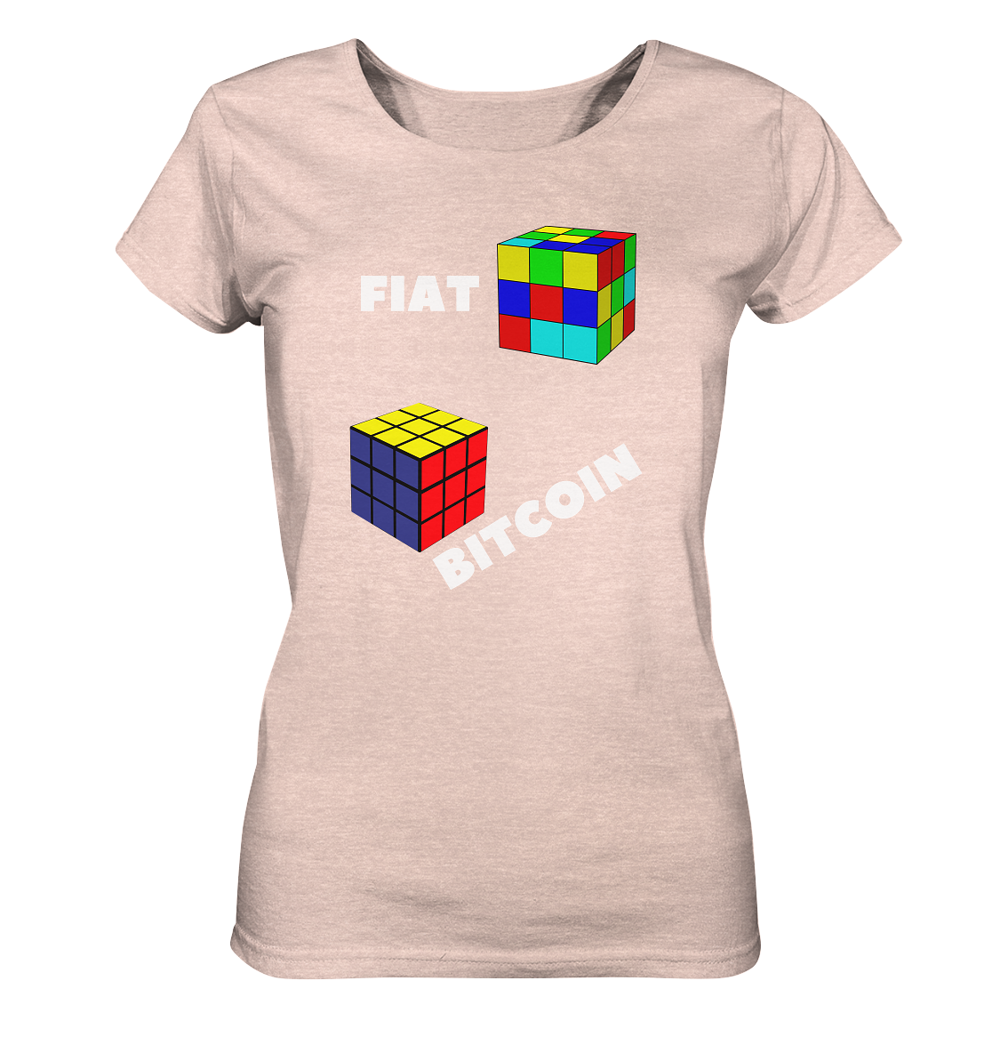 FIAT Cube & BITCOIN Cube - weisse Schrift, schräg (Ladies Collection 21% Rabatt bis zum Halving 2024) - Ladies Organic Shirt (meliert)