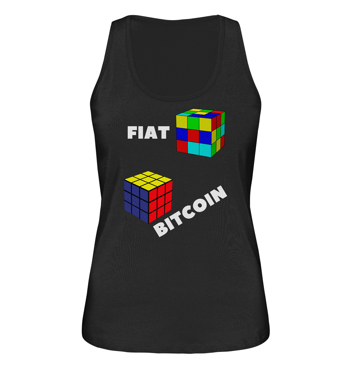 FIAT Cube & BITCOIN Cube - weisse Schrift, schräg (Ladies Collection 21% Rabatt bis zum Halving 2024) - Ladies Organic Tank-Top