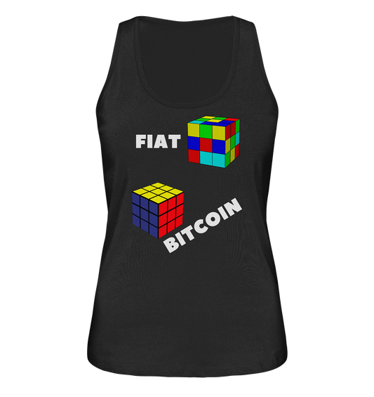 FIAT Cube & BITCOIN Cube - weisse Schrift, schräg (Ladies Collection 21% Rabatt bis zum Halving 2024) - Ladies Organic Tank-Top