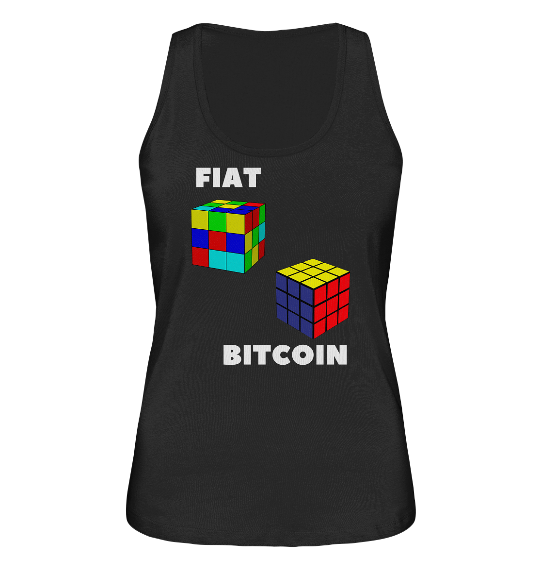 FIAT Cube & BITCOIN Cube - weisse Schrift, gerade (Ladies Collection 21% Rabatt bis zum Halving 2024) - Ladies Organic Tank-Top