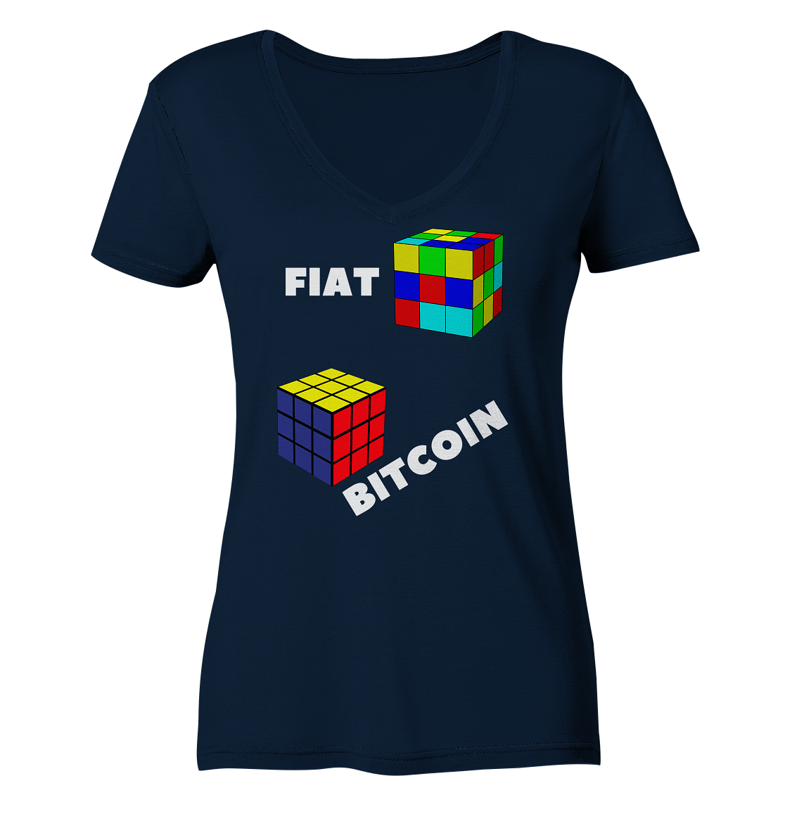 FIAT Cube & BITCOIN Cube - weisse Schrift, schräg (Ladies Collection 21% Rabatt bis zum Halving 2024) - Ladies Organic V-Neck Shirt