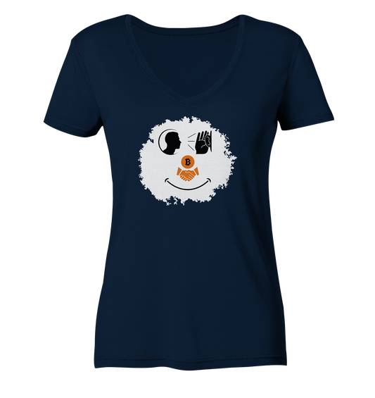 Smiley listen to Bitcoin handshake - (Ladies Collection 21% Rabatt bis zum Halving 2024)  - Ladies Organic V-Neck Shirt