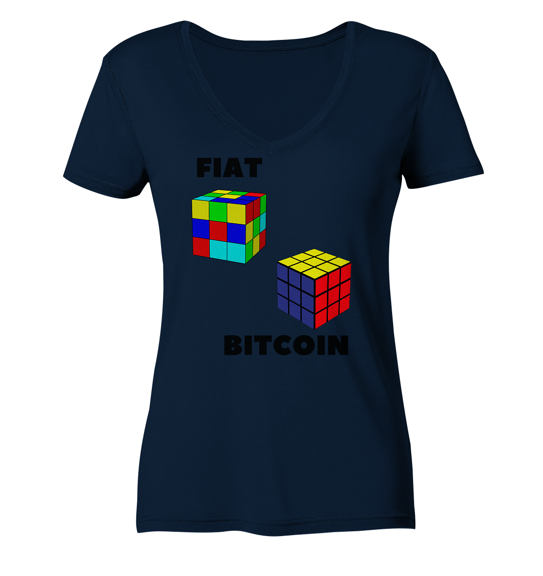 FIAT Cube & BITCOIN Cube - gerade Variante (Ladies Collection 21% Rabatt bis zum Halving 2024)    - Ladies Organic V-Neck Shirt