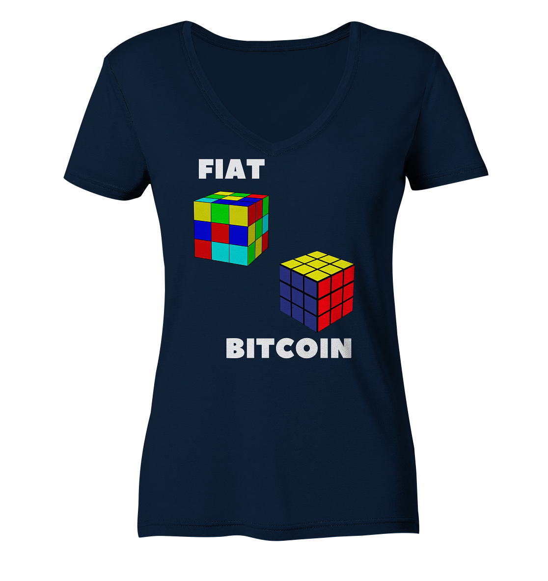 FIAT Cube & BITCOIN Cube - weisse Schrift, gerade (Ladies Collection 21% Rabatt bis zum Halving 2024) - Ladies Organic V-Neck Shirt