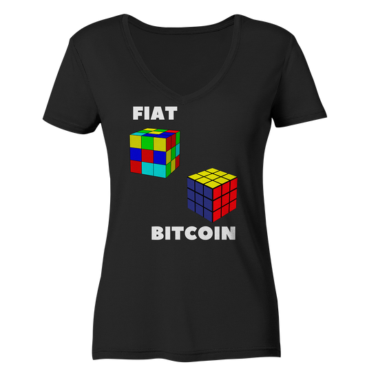 FIAT Cube & BITCOIN Cube - weisse Schrift, gerade (Ladies Collection 21% Rabatt bis zum Halving 2024) - Ladies Organic V-Neck Shirt