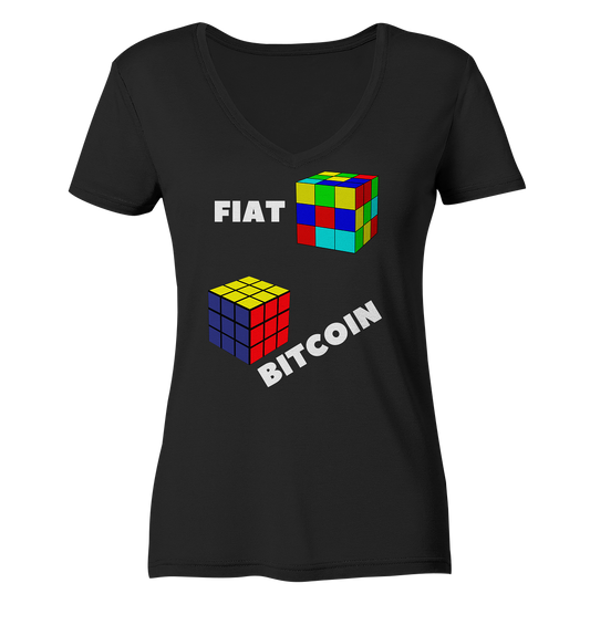 FIAT Cube & BITCOIN Cube - weisse Schrift, schräg (Ladies Collection 21% Rabatt bis zum Halving 2024) - Ladies Organic V-Neck Shirt