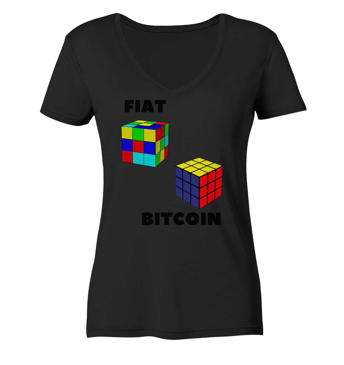 FIAT Cube & BITCOIN Cube - gerade Variante (Ladies Collection 21% Rabatt bis zum Halving 2024)    - Ladies Organic V-Neck Shirt