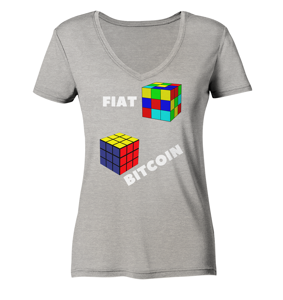 FIAT Cube & BITCOIN Cube - weisse Schrift, schräg (Ladies Collection 21% Rabatt bis zum Halving 2024) - Ladies Organic V-Neck Shirt