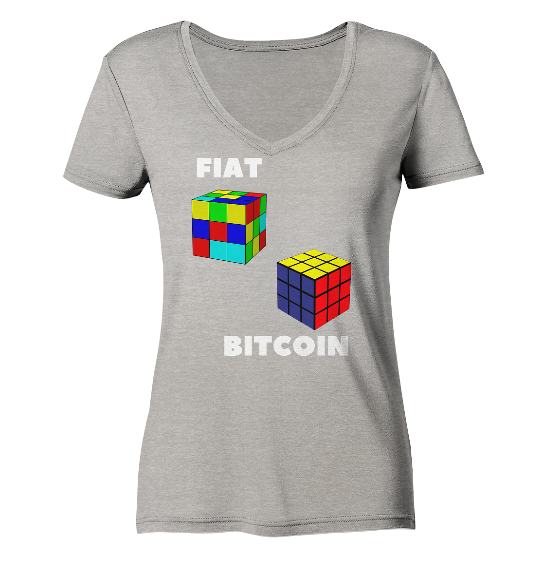 FIAT Cube & BITCOIN Cube - weisse Schrift, gerade (Ladies Collection 21% Rabatt bis zum Halving 2024) - Ladies Organic V-Neck Shirt