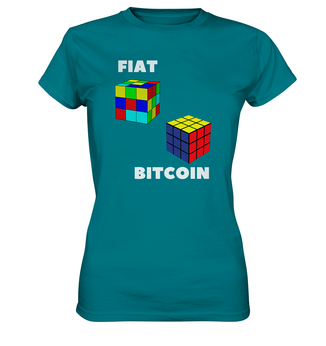 FIAT Cube & BITCOIN Cube - weisse Schrift, gerade (Ladies Collection 21% Rabatt bis zum Halving 2024) - Ladies Premium Shirt
