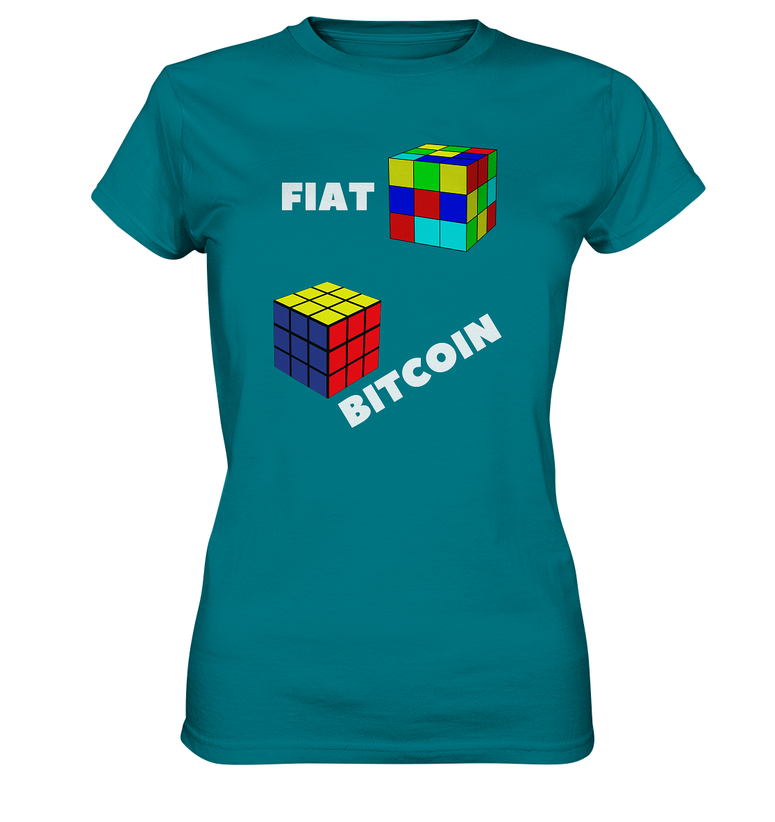 FIAT Cube & BITCOIN Cube - weisse Schrift, schräg (Ladies Collection 21% Rabatt bis zum Halving 2024) - Ladies Premium Shirt