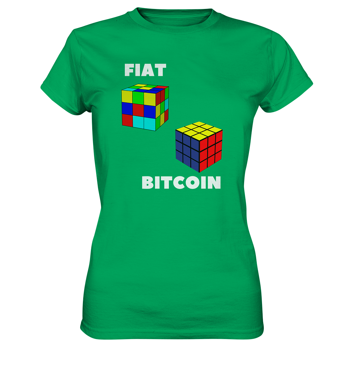FIAT Cube & BITCOIN Cube - weisse Schrift, gerade (Ladies Collection 21% Rabatt bis zum Halving 2024) - Ladies Premium Shirt