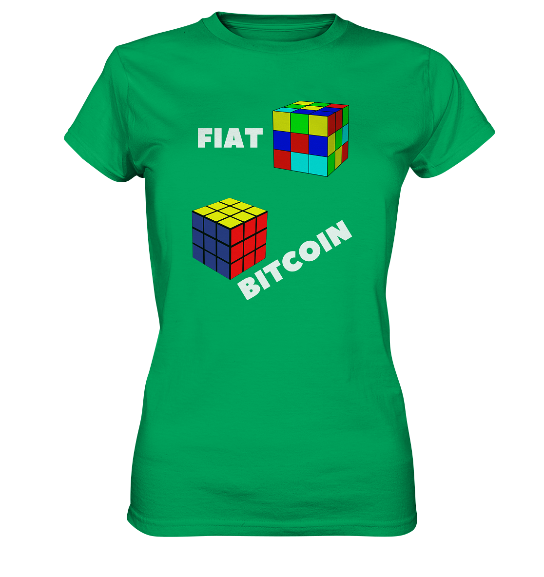FIAT Cube & BITCOIN Cube - weisse Schrift, schräg (Ladies Collection 21% Rabatt bis zum Halving 2024) - Ladies Premium Shirt
