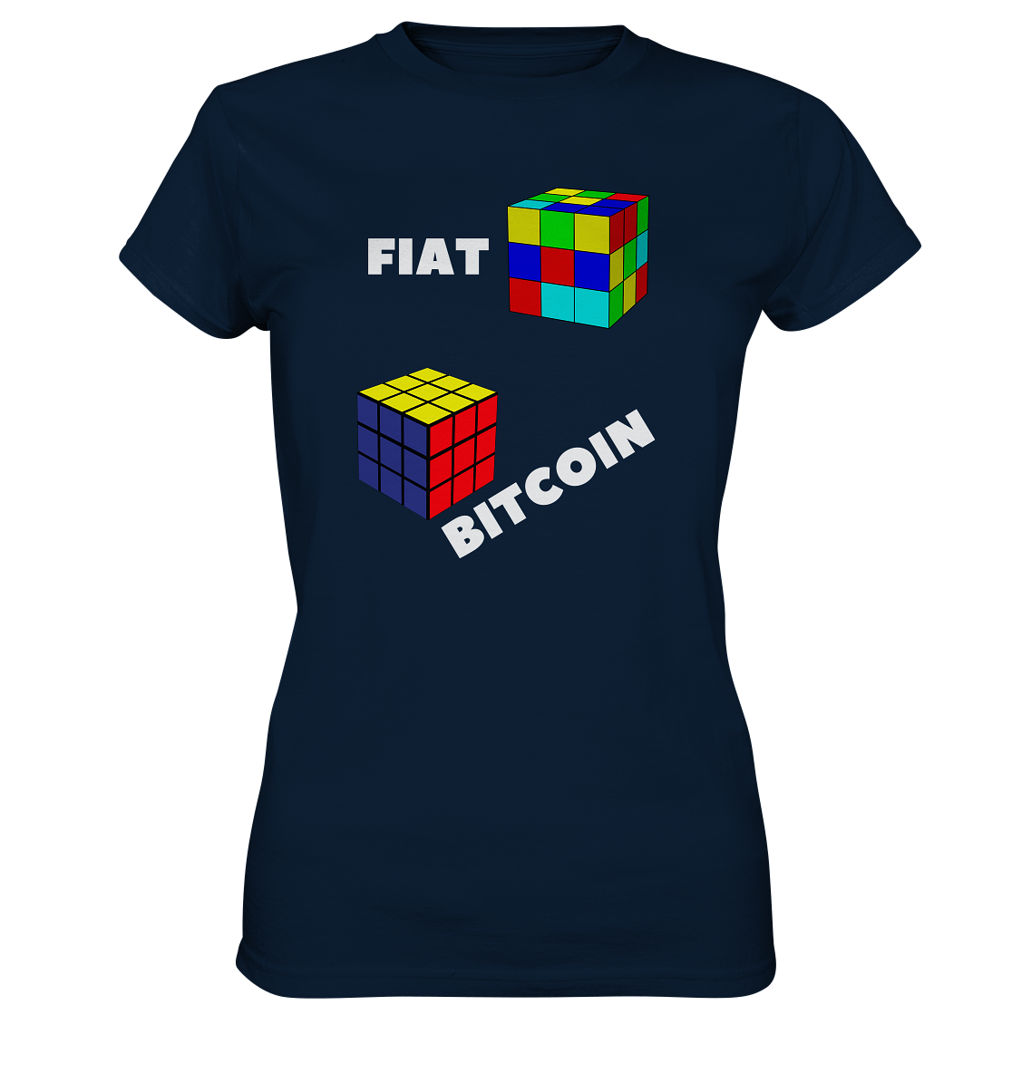 FIAT Cube & BITCOIN Cube - weisse Schrift, schräg (Ladies Collection 21% Rabatt bis zum Halving 2024) - Ladies Premium Shirt