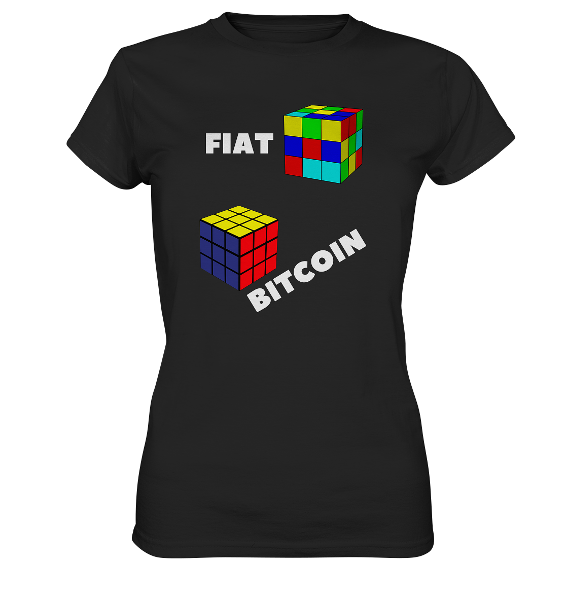 FIAT Cube & BITCOIN Cube - weisse Schrift, schräg (Ladies Collection 21% Rabatt bis zum Halving 2024) - Ladies Premium Shirt