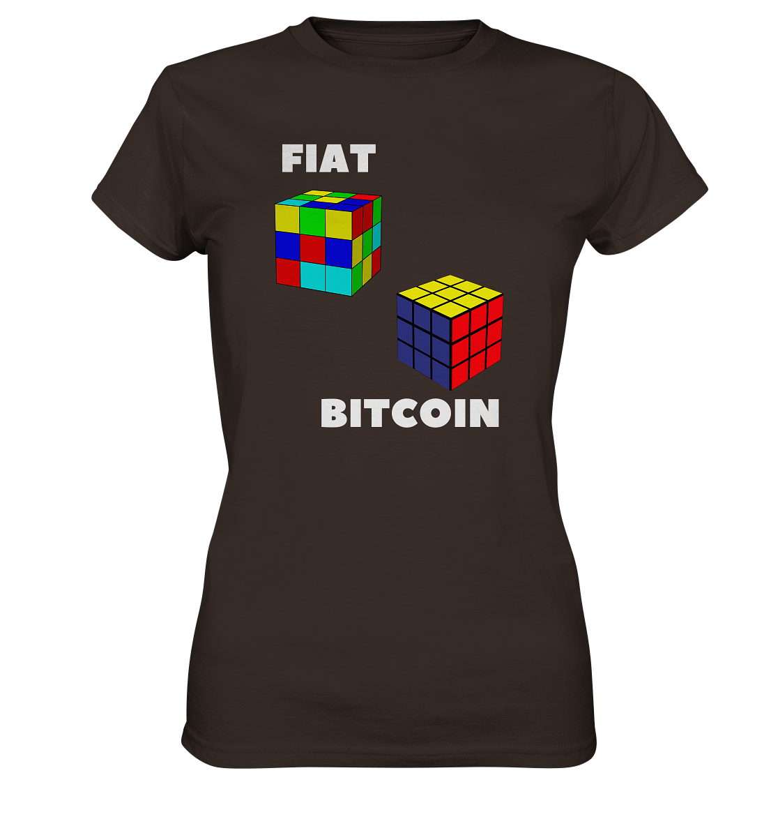 FIAT Cube & BITCOIN Cube - weisse Schrift, gerade (Ladies Collection 21% Rabatt bis zum Halving 2024) - Ladies Premium Shirt