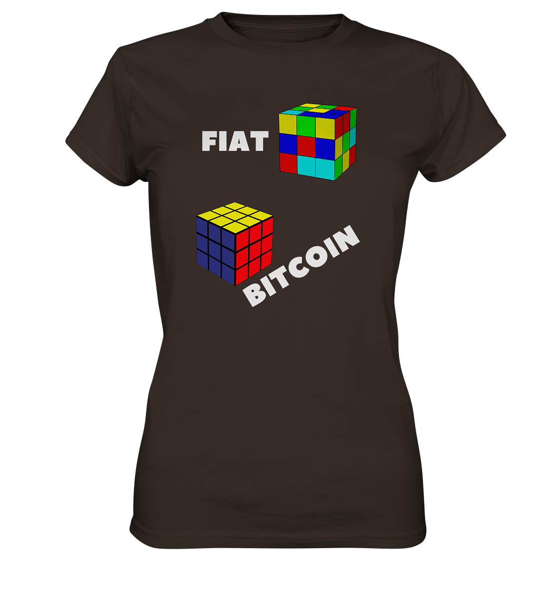FIAT Cube & BITCOIN Cube - weisse Schrift, schräg (Ladies Collection 21% Rabatt bis zum Halving 2024) - Ladies Premium Shirt