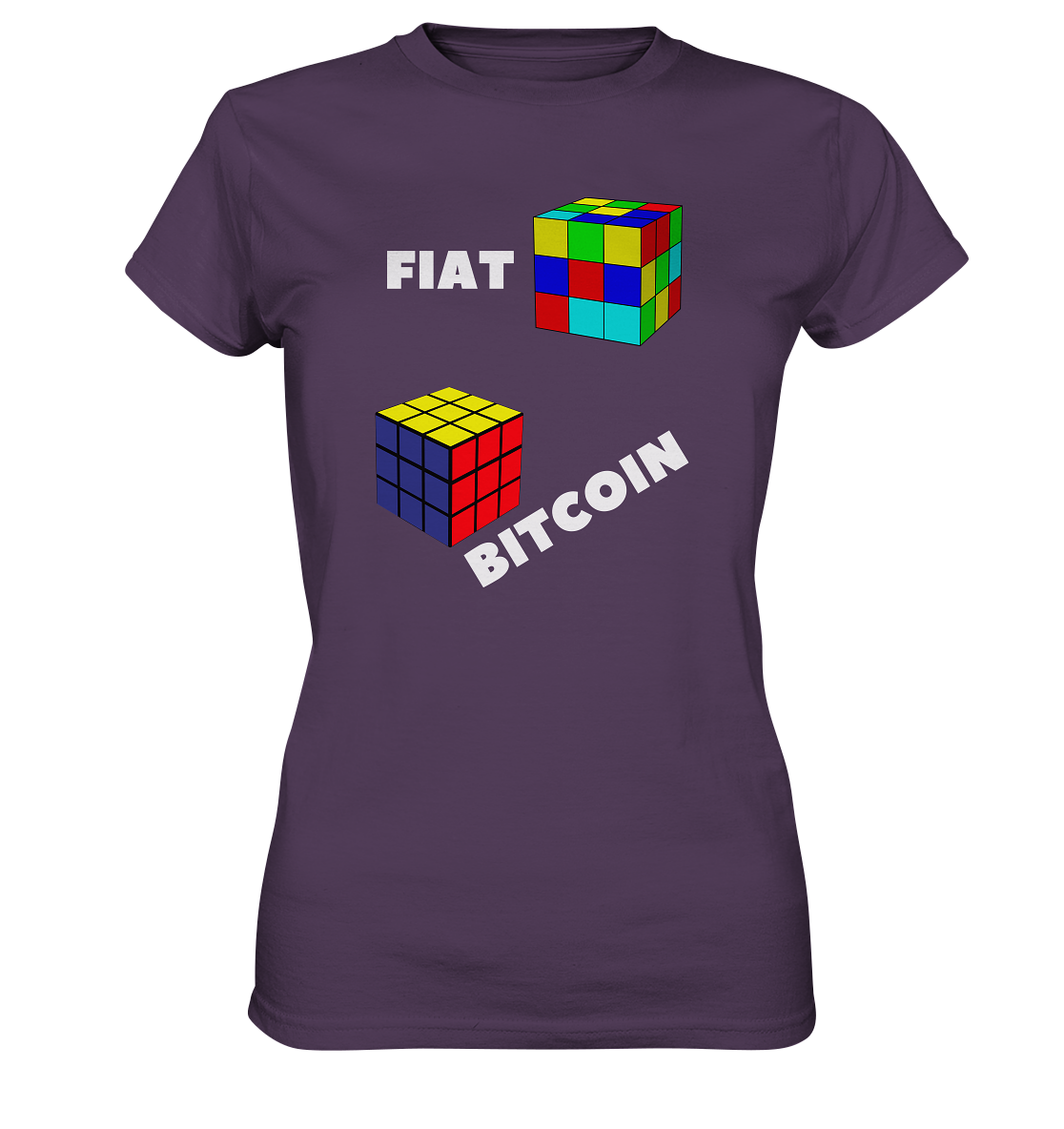 FIAT Cube & BITCOIN Cube - weisse Schrift, schräg (Ladies Collection 21% Rabatt bis zum Halving 2024) - Ladies Premium Shirt