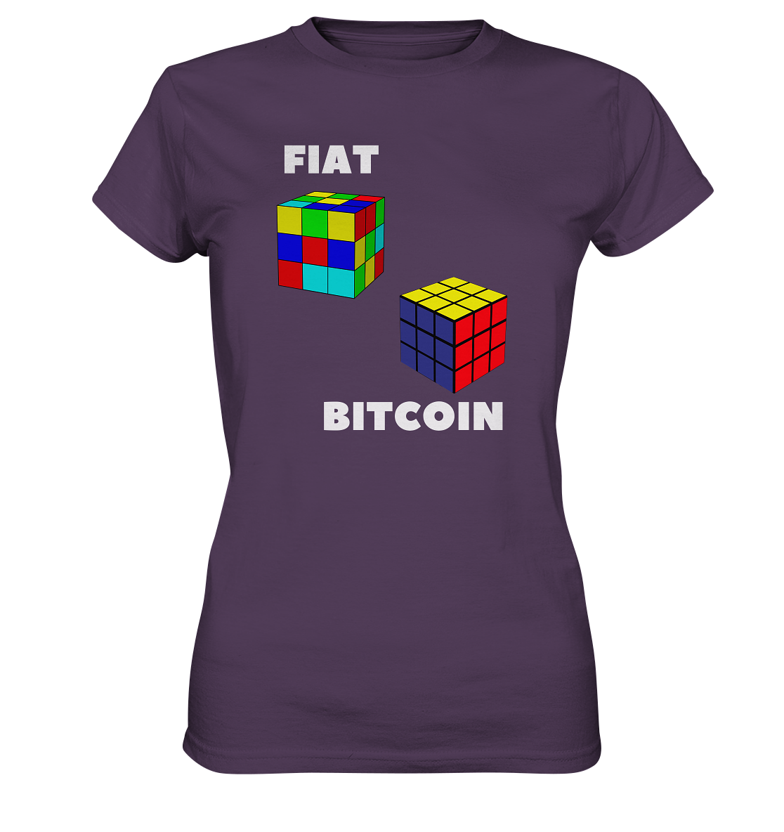 FIAT Cube & BITCOIN Cube - weisse Schrift, gerade (Ladies Collection 21% Rabatt bis zum Halving 2024) - Ladies Premium Shirt
