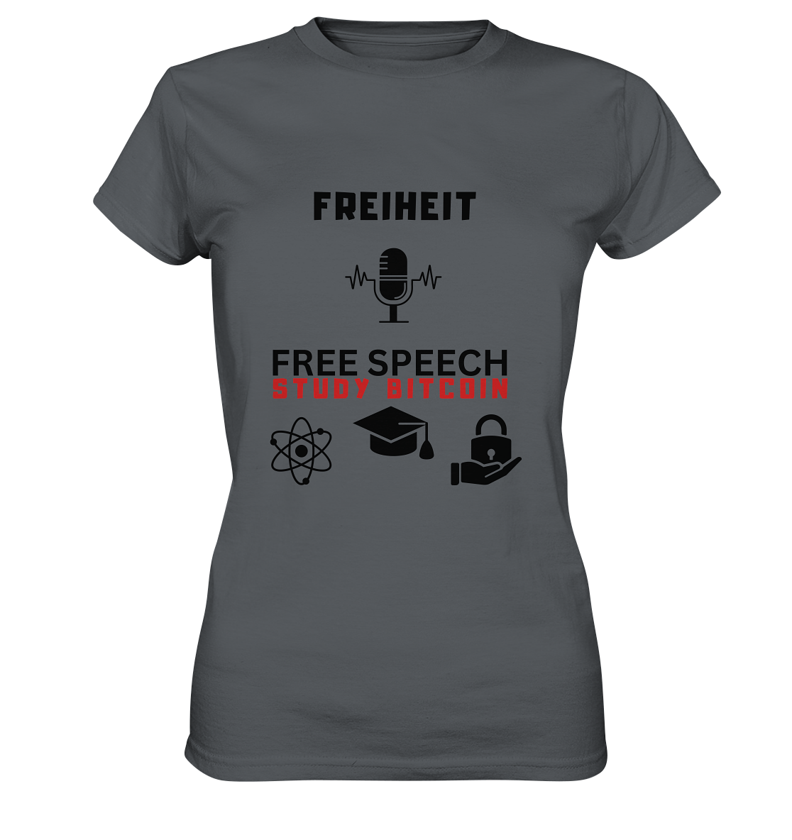 FREIHEIT (Mikrofon) FREE SPEECH, STUDY BITCOIN (3 Grafiken) - LADIES COLLECTION 21% automat. Rabatt bis zum Halving 2024   - Ladies Premium Shirt