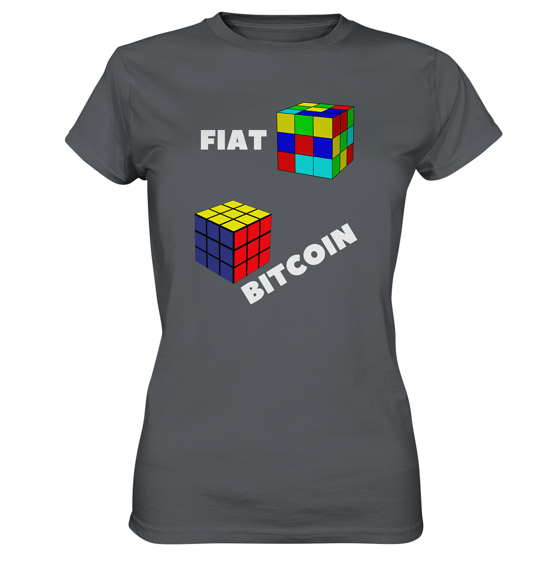 FIAT Cube & BITCOIN Cube - weisse Schrift, schräg (Ladies Collection 21% Rabatt bis zum Halving 2024) - Ladies Premium Shirt