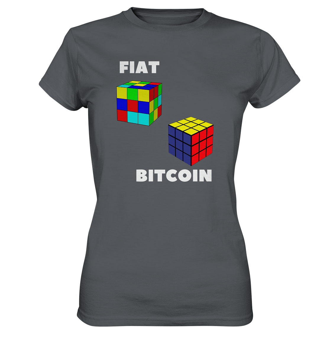 FIAT Cube & BITCOIN Cube - weisse Schrift, gerade (Ladies Collection 21% Rabatt bis zum Halving 2024) - Ladies Premium Shirt
