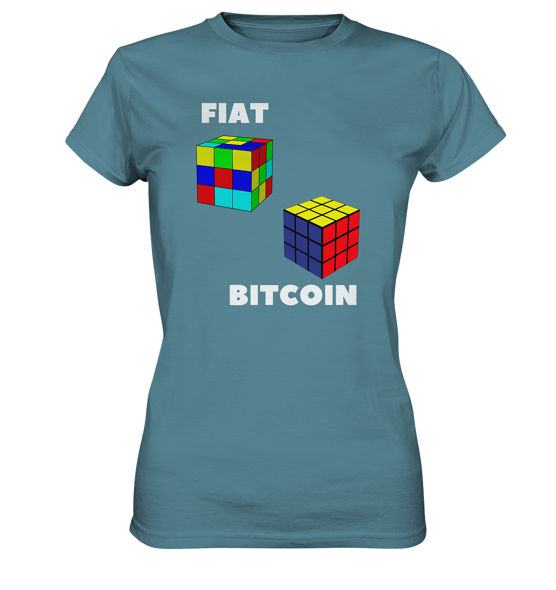 FIAT Cube & BITCOIN Cube - weisse Schrift, gerade (Ladies Collection 21% Rabatt bis zum Halving 2024) - Ladies Premium Shirt