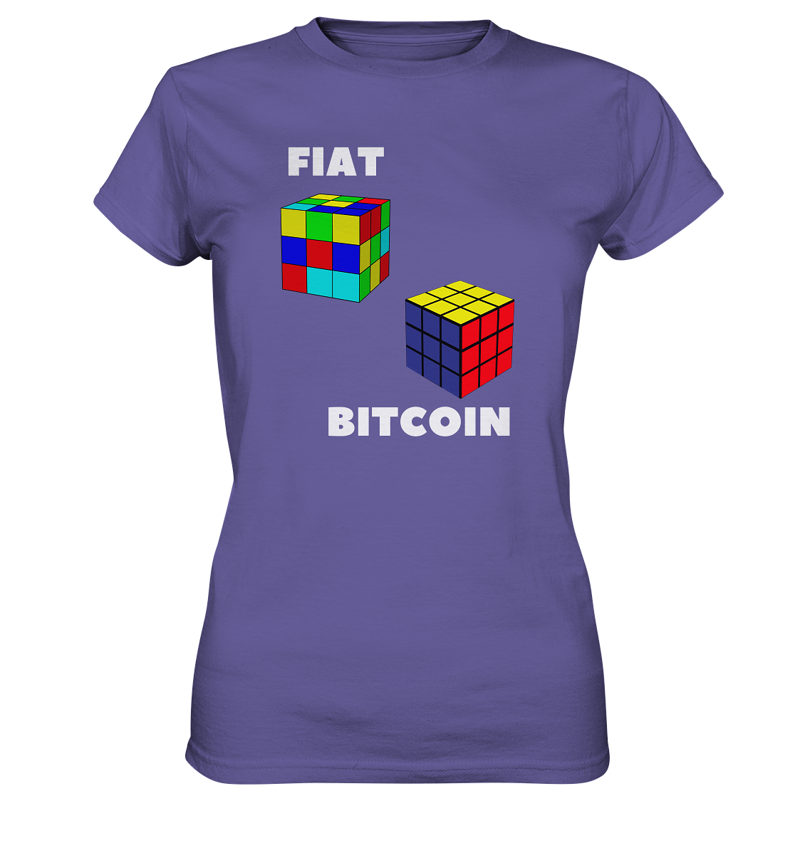 FIAT Cube & BITCOIN Cube - weisse Schrift, gerade (Ladies Collection 21% Rabatt bis zum Halving 2024) - Ladies Premium Shirt