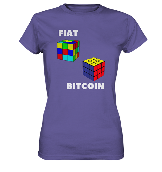 FIAT Cube & BITCOIN Cube - weisse Schrift, gerade (Ladies Collection 21% Rabatt bis zum Halving 2024) - Ladies Premium Shirt