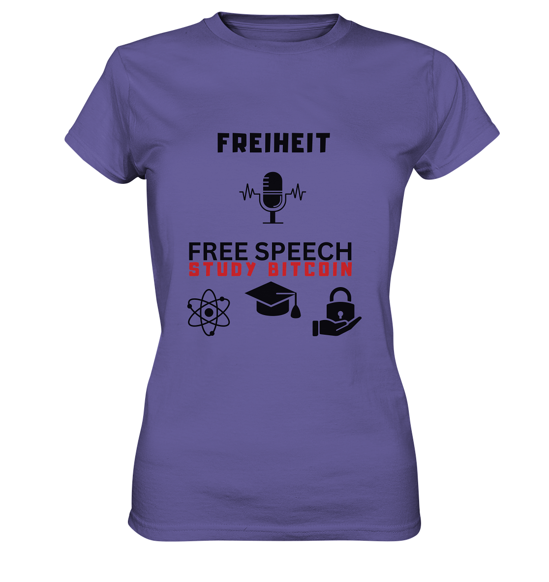 FREIHEIT (Mikrofon) FREE SPEECH, STUDY BITCOIN (3 Grafiken) - LADIES COLLECTION 21% automat. Rabatt bis zum Halving 2024   - Ladies Premium Shirt