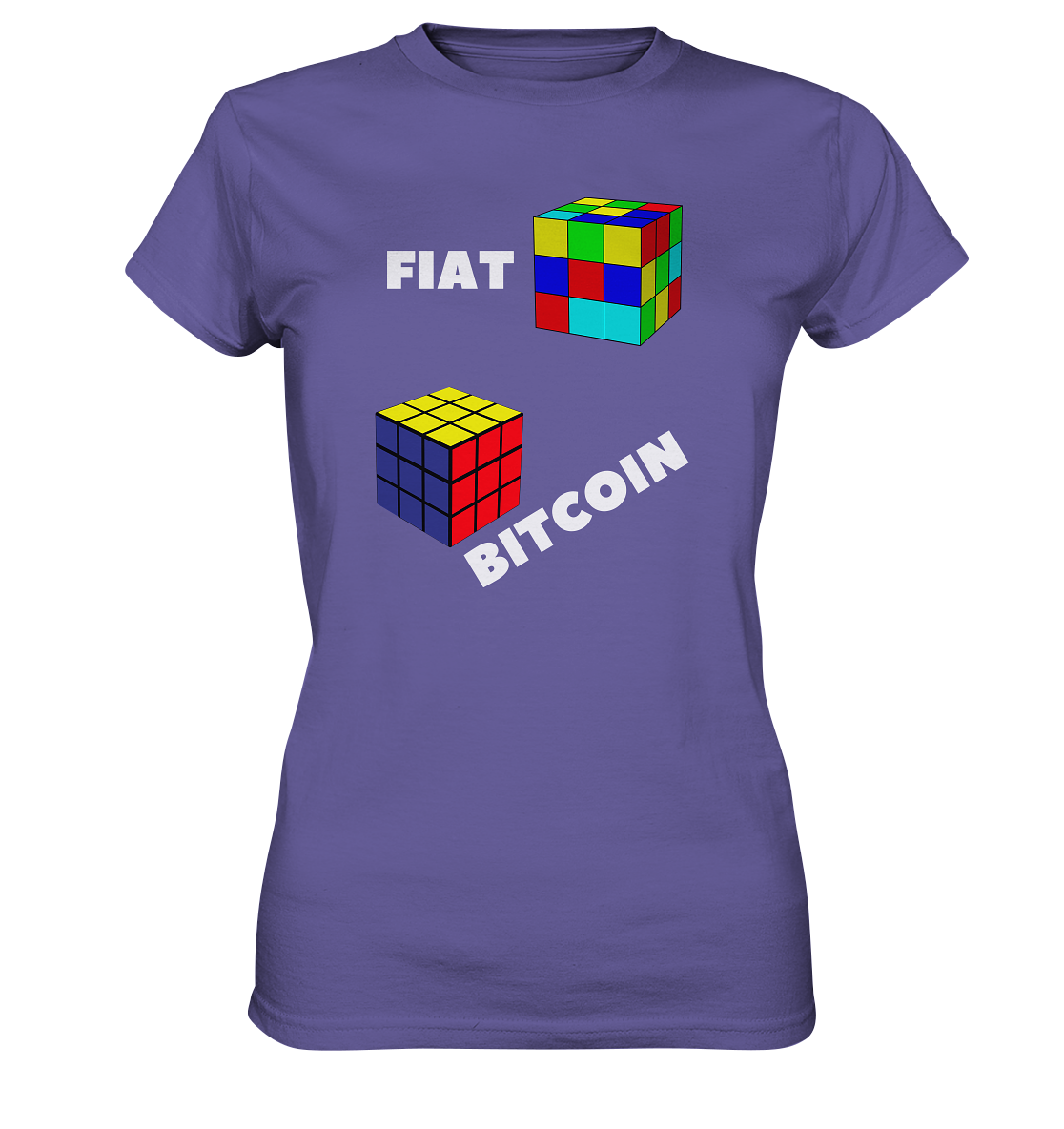 FIAT Cube & BITCOIN Cube - weisse Schrift, schräg (Ladies Collection 21% Rabatt bis zum Halving 2024) - Ladies Premium Shirt