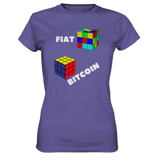FIAT Cube & BITCOIN Cube - weisse Schrift, schräg (Ladies Collection 21% Rabatt bis zum Halving 2024) - Ladies Premium Shirt
