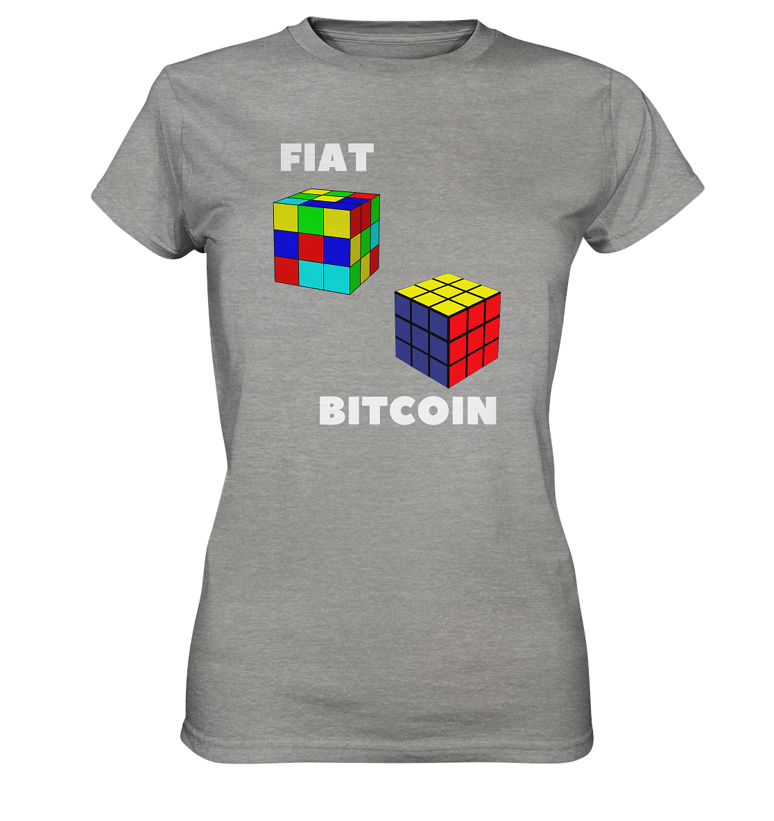 FIAT Cube & BITCOIN Cube - weisse Schrift, gerade (Ladies Collection 21% Rabatt bis zum Halving 2024) - Ladies Premium Shirt