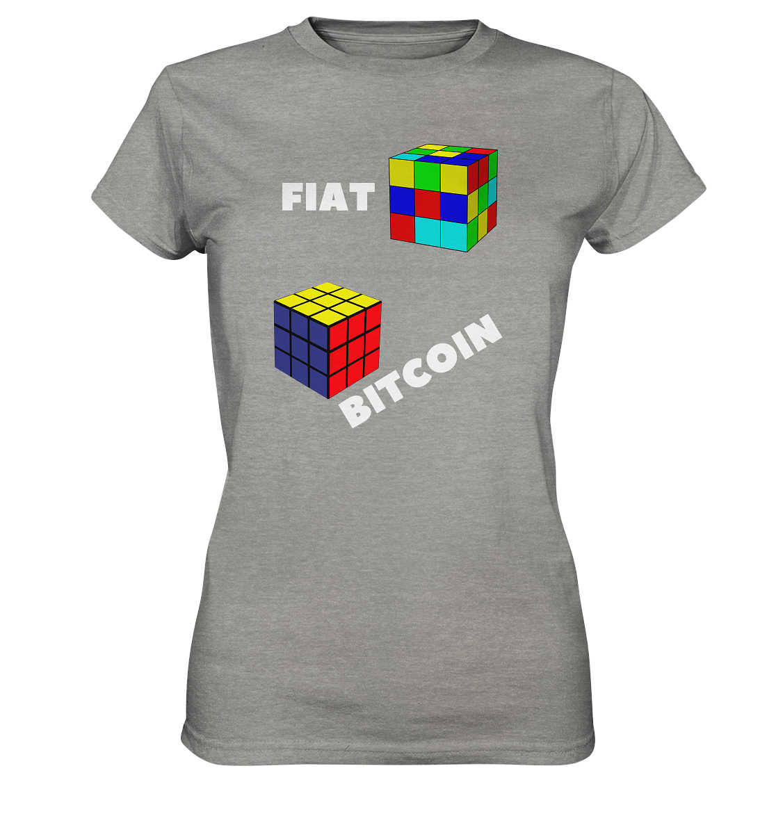 FIAT Cube & BITCOIN Cube - weisse Schrift, schräg (Ladies Collection 21% Rabatt bis zum Halving 2024) - Ladies Premium Shirt