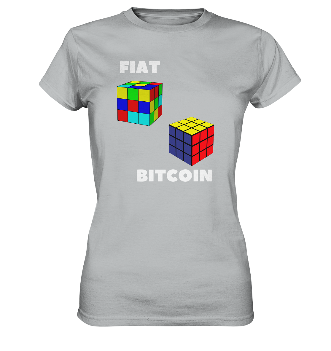 FIAT Cube & BITCOIN Cube - weisse Schrift, gerade (Ladies Collection 21% Rabatt bis zum Halving 2024) - Ladies Premium Shirt