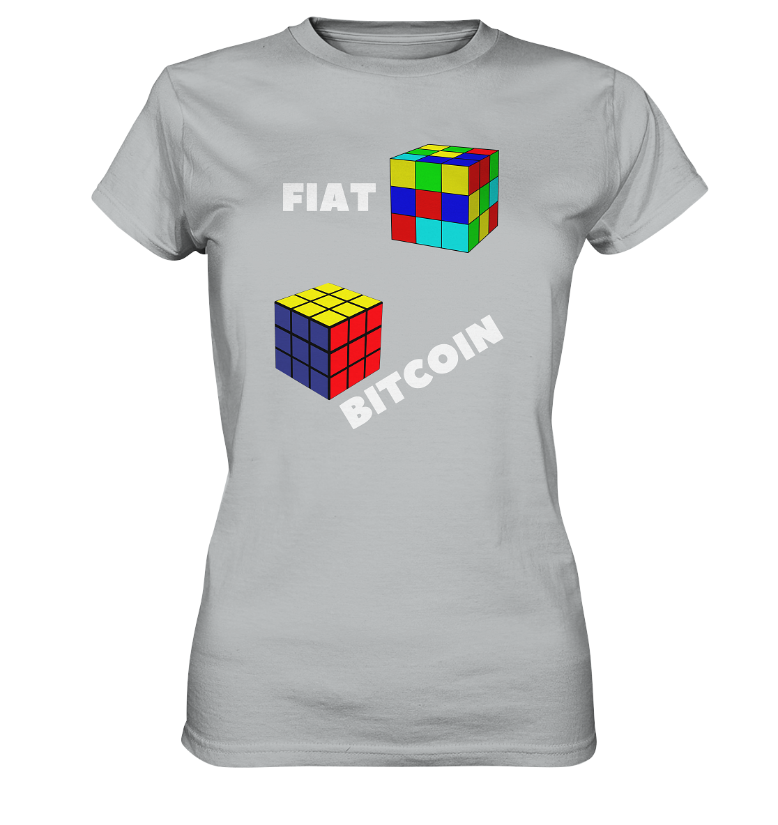 FIAT Cube & BITCOIN Cube - weisse Schrift, schräg (Ladies Collection 21% Rabatt bis zum Halving 2024) - Ladies Premium Shirt