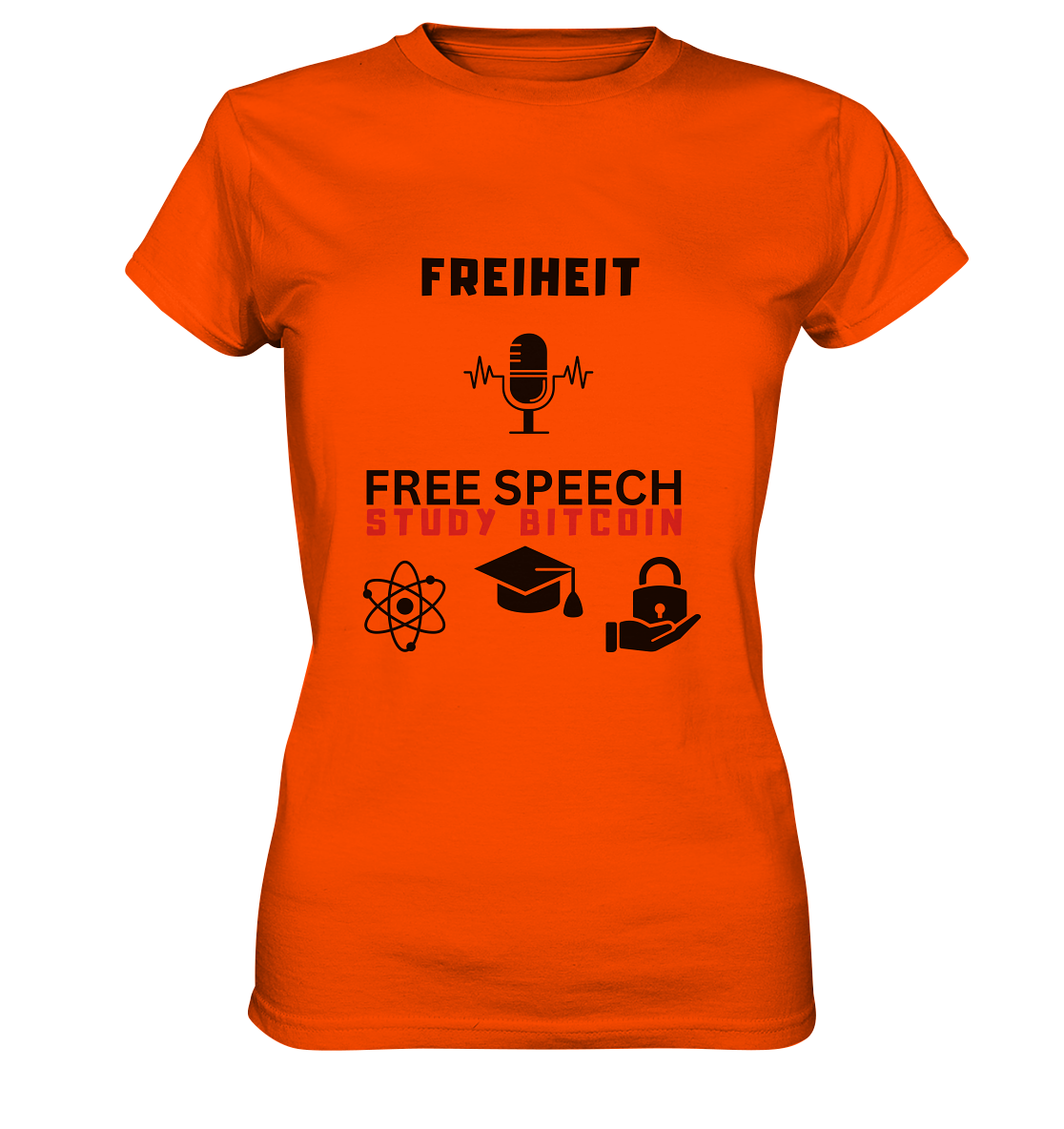 FREIHEIT (Mikrofon) FREE SPEECH, STUDY BITCOIN (3 Grafiken) - LADIES COLLECTION 21% automat. Rabatt bis zum Halving 2024   - Ladies Premium Shirt