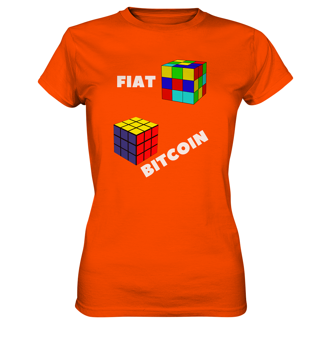 FIAT Cube & BITCOIN Cube - weisse Schrift, schräg (Ladies Collection 21% Rabatt bis zum Halving 2024) - Ladies Premium Shirt