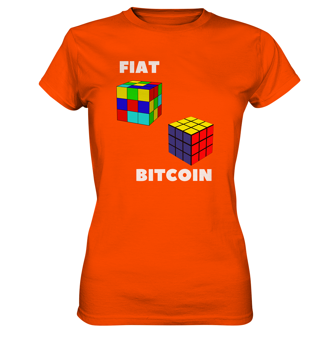 FIAT Cube & BITCOIN Cube - weisse Schrift, gerade (Ladies Collection 21% Rabatt bis zum Halving 2024) - Ladies Premium Shirt