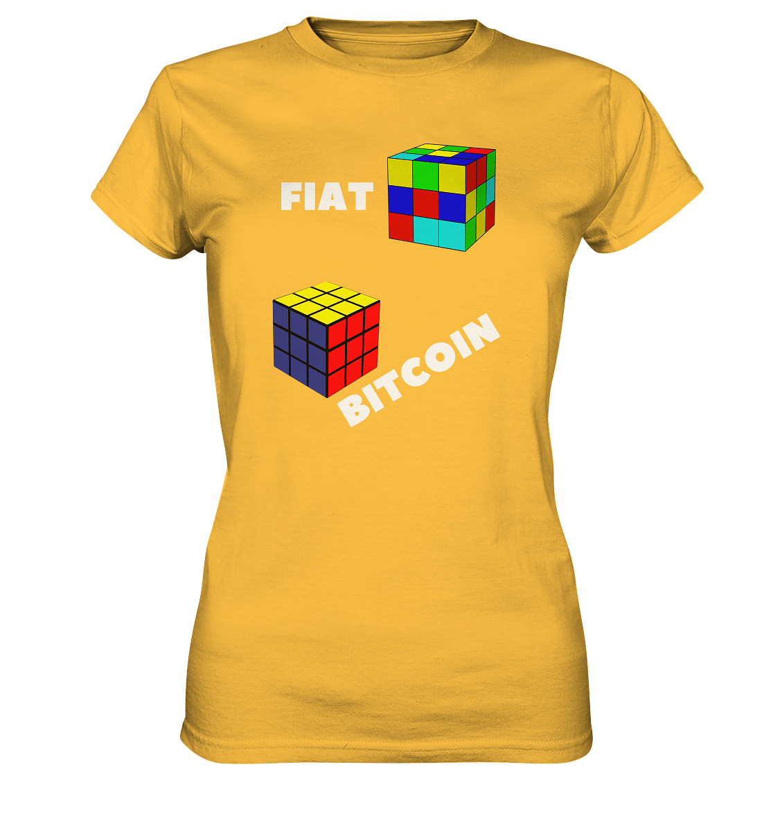 FIAT Cube & BITCOIN Cube - weisse Schrift, schräg (Ladies Collection 21% Rabatt bis zum Halving 2024) - Ladies Premium Shirt
