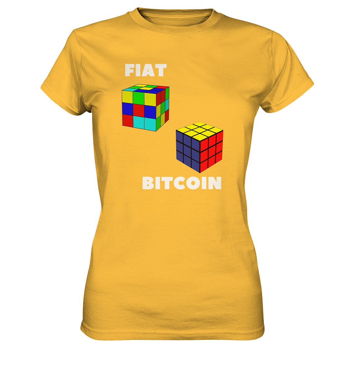 FIAT Cube & BITCOIN Cube - weisse Schrift, gerade (Ladies Collection 21% Rabatt bis zum Halving 2024) - Ladies Premium Shirt
