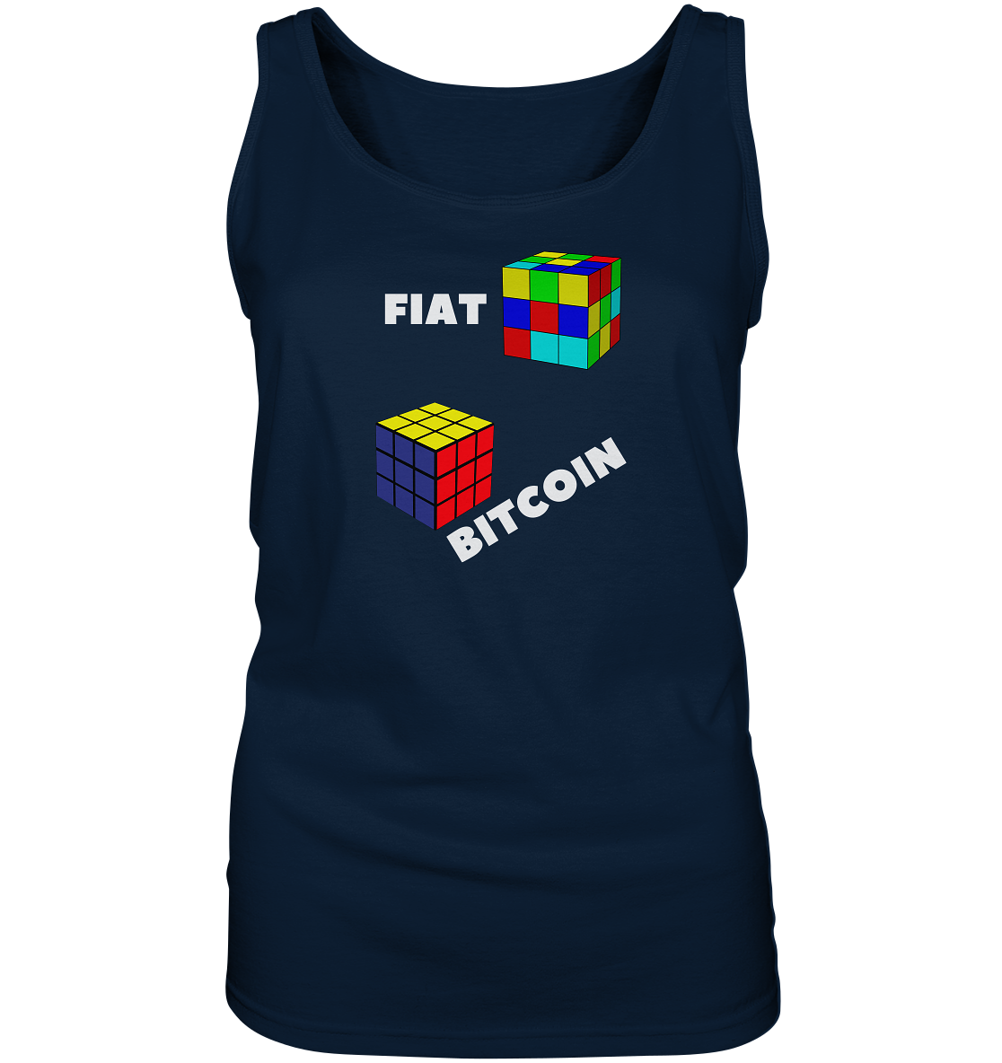 FIAT Cube & BITCOIN Cube - weisse Schrift, schräg (Ladies Collection 21% Rabatt bis zum Halving 2024) - Ladies Tank-Top