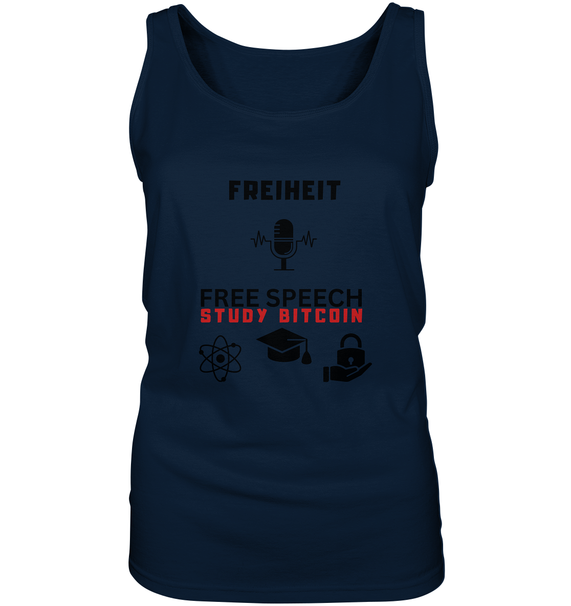 FREIHEIT (Mikrofon) FREE SPEECH, STUDY BITCOIN (3 Grafiken) - LADIES COLLECTION 21% automat. Rabatt bis zum Halving 2024   - Ladies Tank-Top